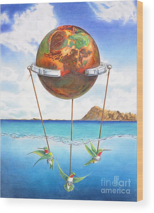 Surreal Wood Print featuring the painting Tethered Sphere by Melissa A Benson