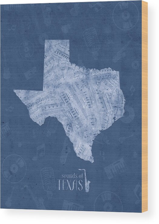 Texas Wood Print featuring the digital art Texas Map Music Notes 5 by Bekim M