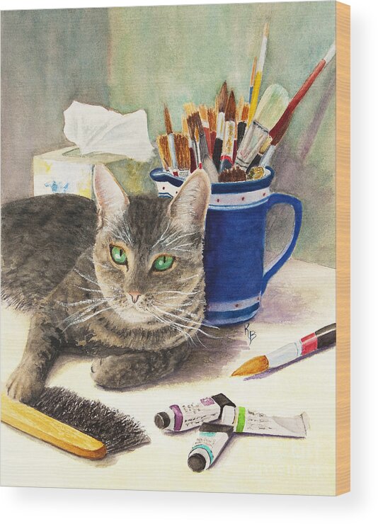 Cat Wood Print featuring the painting The Artiste by Karen Fleschler