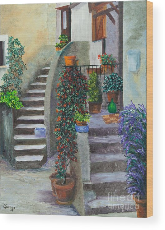 Italy Street Painting Wood Print featuring the painting The Back Stairs by Charlotte Blanchard