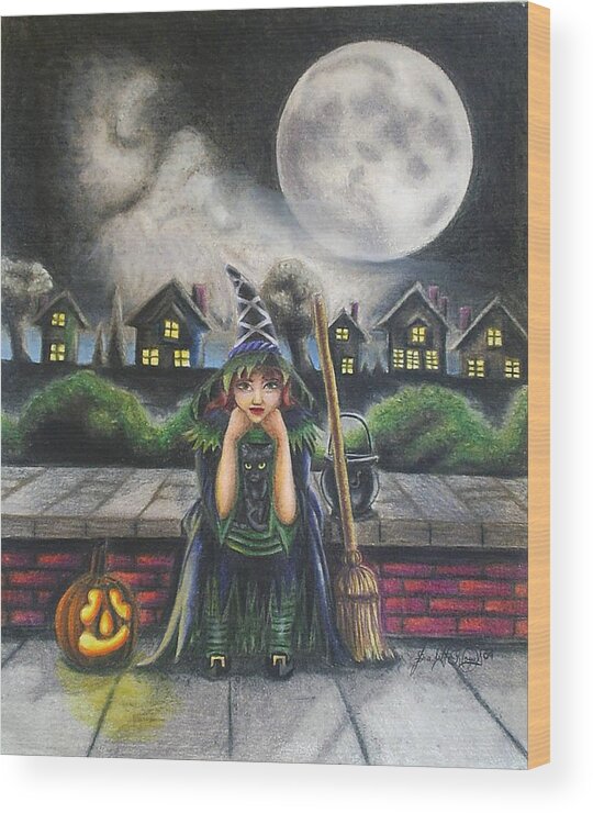Witch Wood Print featuring the drawing The Bored Little Witch by Scarlett Royale