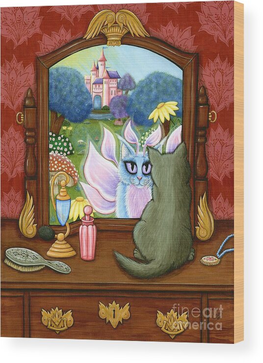 Winged Cat Wood Print featuring the painting The Chimera Vanity - Cat Fantasy World by Carrie Hawks