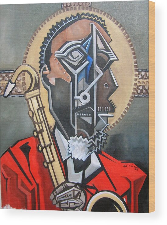 Albert Ayler Abstract Jazz Portrait Saxophone Wood Print featuring the painting The Holy Ghost by Martel Chapman