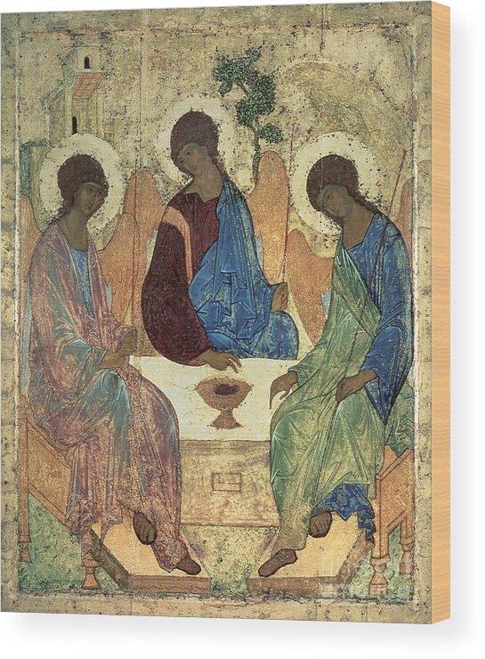 The Holy Trinity Wood Print featuring the painting The Holy Trinity by Andrei Rublev
