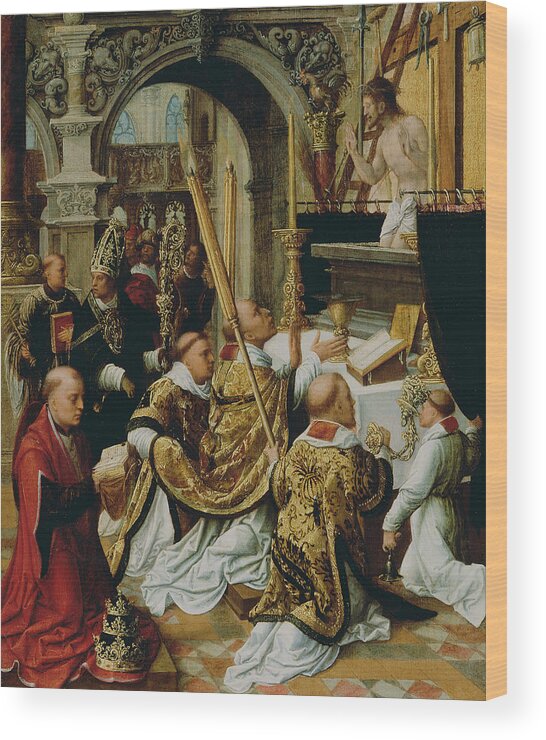 16th Century Art Wood Print featuring the painting The Mass of Saint Gregory the Great by Adriaen Isenbrandt