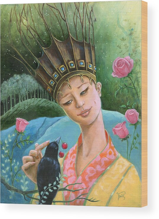 Crow Wood Print featuring the painting The Princess and the Crow by Terry Webb Harshman