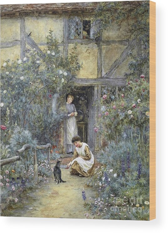 Helen Allingham - The Saucer Of Milk. Beautiful House Wood Print featuring the painting The Saucer of Milk by Helen Allingham