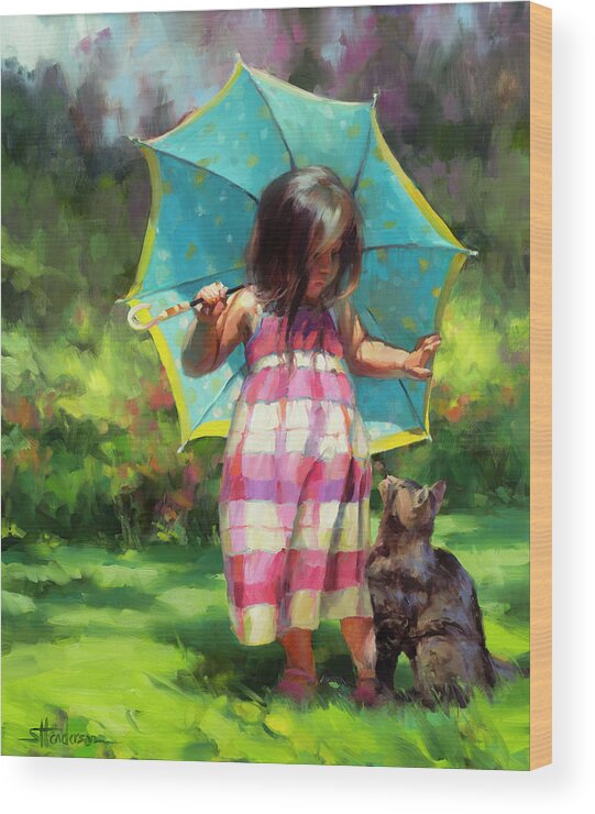 Child Wood Print featuring the painting The Teal Umbrella by Steve Henderson