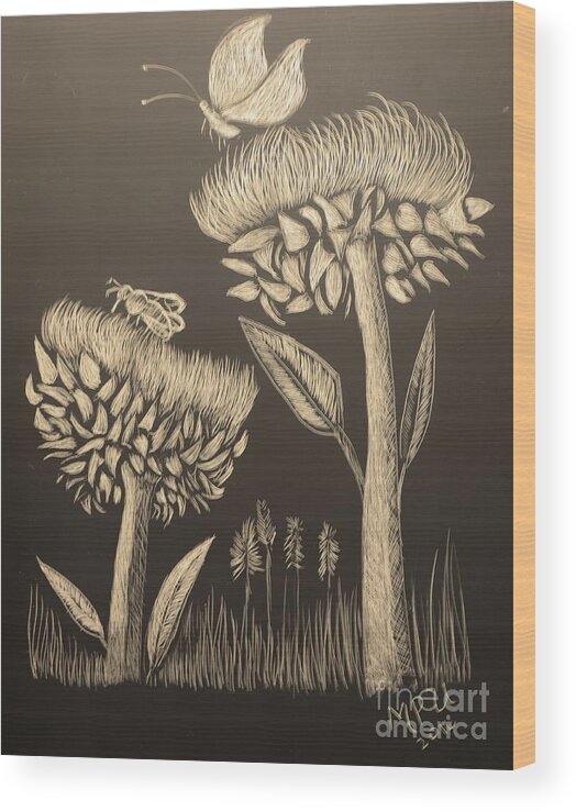 Thistleland Wood Print featuring the drawing Thistleland by Maria Urso