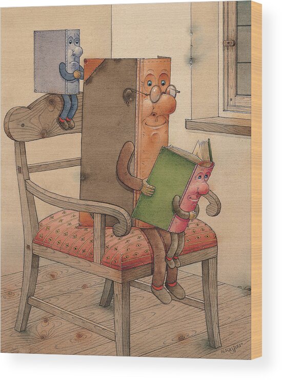 Books Wood Print featuring the painting Three Books by Kestutis Kasparavicius