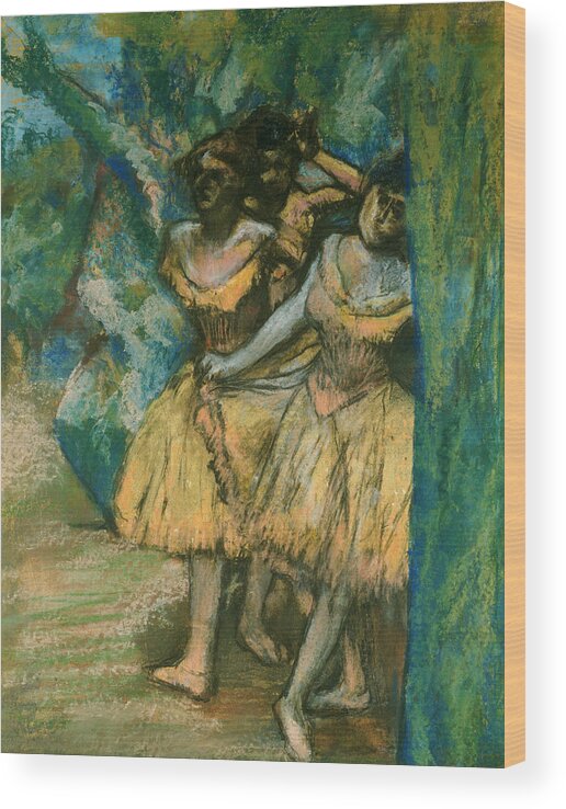 Degas Wood Print featuring the pastel Three Dancers with a Backdrop of Trees and Rocks by Edgar Degas