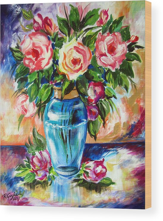 Roses Wood Print featuring the painting Three Roses in a Glass Vase by Roberto Gagliardi