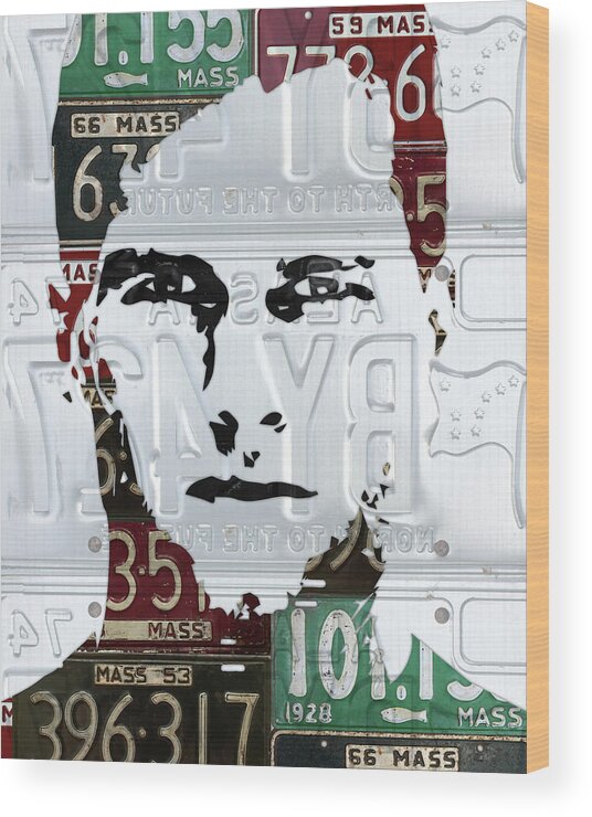 Tom Brady Wood Print featuring the mixed media Tom Brady New England Patriots Massachusetts Recycled Vintage License Plate Portrait Original by Design Turnpike