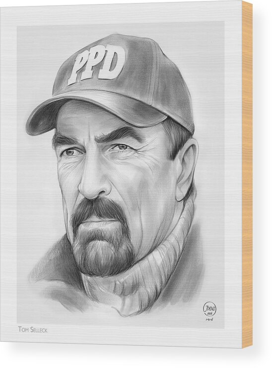 Tom Selleck Wood Print featuring the drawing Tom Selleck by Greg Joens