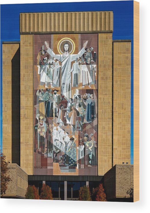 Hesburgh Library Wood Print featuring the photograph Touchdown Jesus - Hesburgh Library by Mountain Dreams