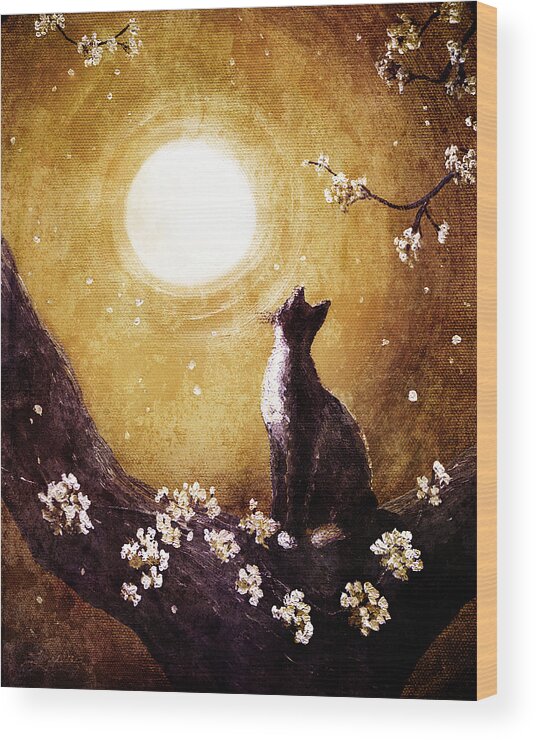 Tuxedo Cat Wood Print featuring the digital art Tuxedo Cat in Golden Cherry Blossoms by Laura Iverson