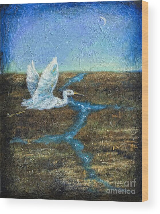 Egret Wood Print featuring the painting Twilight Flight by Linda Olsen