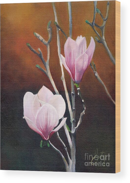Two Magnolias Wood Print featuring the painting Two Magnolias by Daniela Easter