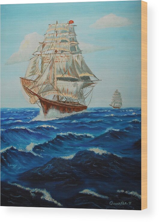 Ship Wood Print featuring the painting Two Ships Sailing by Quwatha Valentine