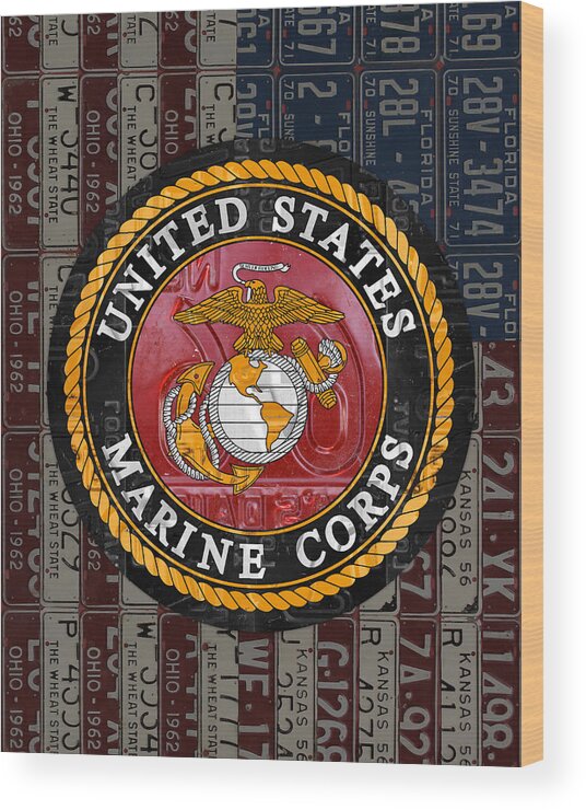 United States Wood Print featuring the mixed media United States Marine Corps Logo Vintage Recycled License Plate Art by Design Turnpike