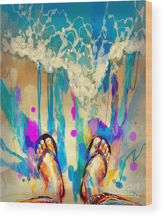 Abstract Wood Print featuring the painting Vacation Time by Tithi Luadthong