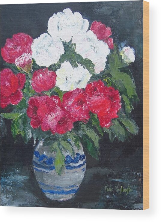 Acrylic Knife Painting Wood Print featuring the painting Vase of peonies by Paula Pagliughi