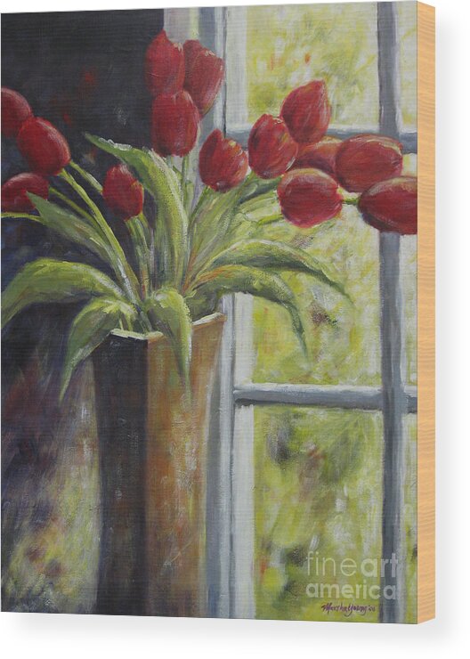 Red Tulips Wood Print featuring the painting Vase of Red Tulips by Marsha Young