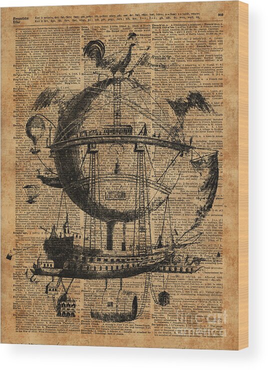 Adventure Wood Print featuring the digital art Victorian Steampunk Flying Machine by Anna W