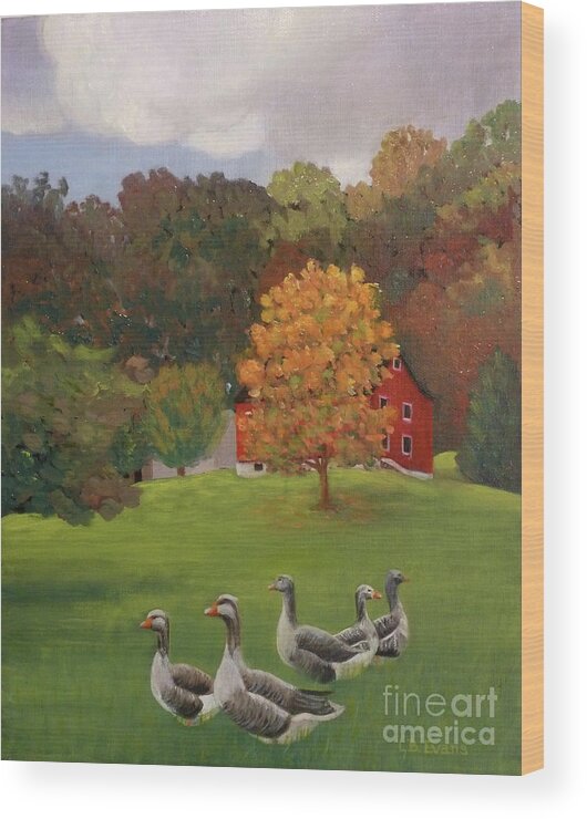Farm Wood Print featuring the painting Wandering Geese by Lynda Evans