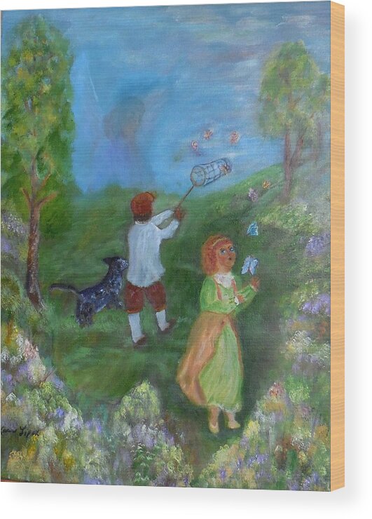 Landscape Wood Print featuring the painting Watching Over The Children by Karen Lipek