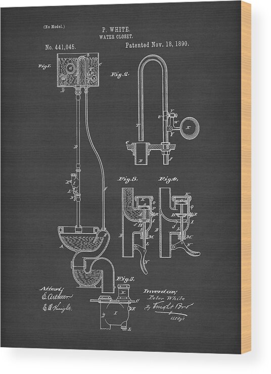 Toilet Wood Print featuring the drawing Water Closet Patent Art Black by Prior Art Design