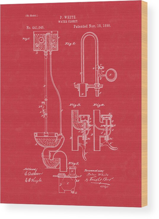 Toilet Wood Print featuring the drawing Water Closet Patent Art Red by Prior Art Design