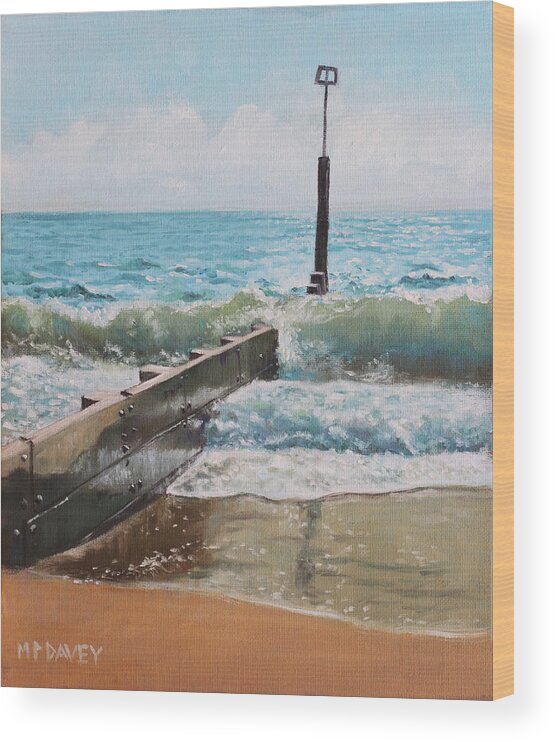 Beach Wood Print featuring the painting Waves with beach groin by Martin Davey