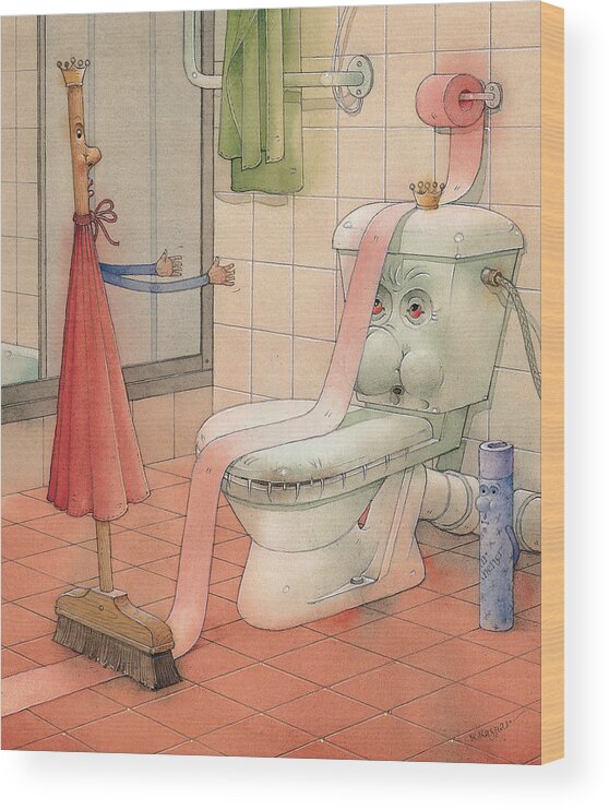 Wc Bathroom Wood Print featuring the painting WC Story by Kestutis Kasparavicius