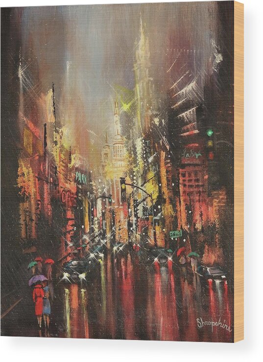 City Rain Wood Print featuring the painting Wet Streets by Tom Shropshire