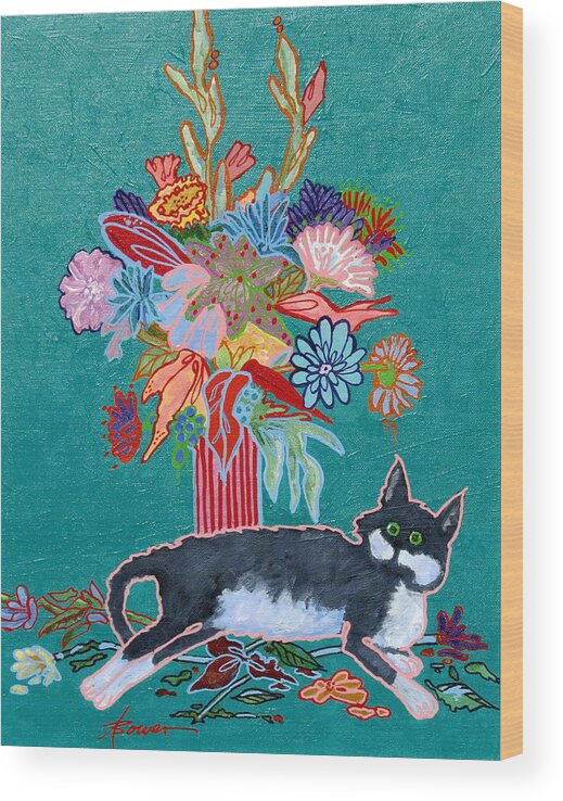 Cats Wood Print featuring the painting What Flowers by Adele Bower