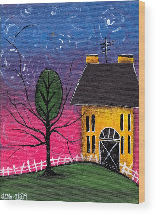 Saltbox House Wood Print featuring the painting Whimsical Night by Abril Andrade