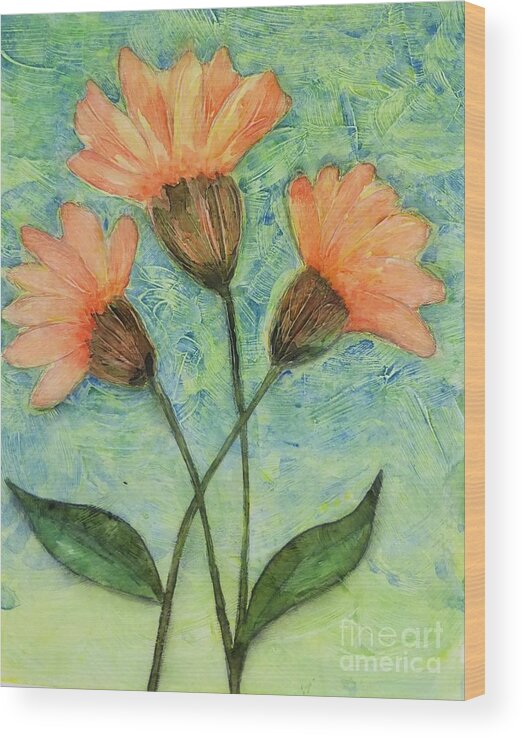Orange Flowers Wood Print featuring the painting Whimsical Orange Flowers - by Helen Campbell