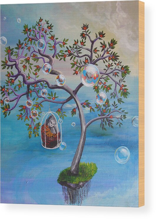 Surreal Wood Print featuring the painting Why The Caged Bird Sings by Mindy Huntress