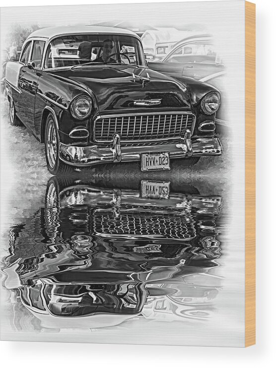 Automotive Wood Print featuring the photograph Wicked 1955 Chevy - Reflection bw by Steve Harrington