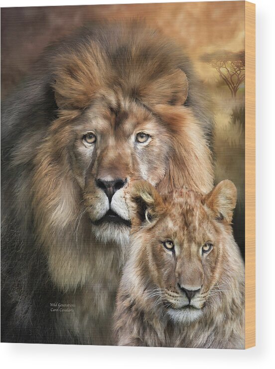 Lion Wood Print featuring the mixed media Wild Generations by Carol Cavalaris