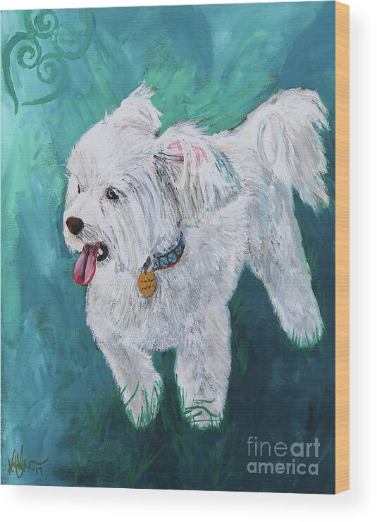 Maltese Wood Print featuring the painting Windblown Pup by Kathy Strauss