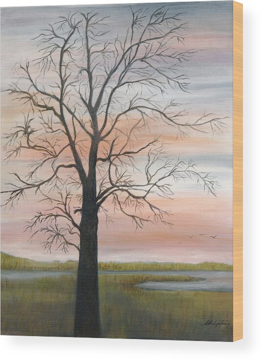 Winter Landscape Including Marshlands With Twilight Sky Wood Print featuring the painting Winter Mood by Shirley Lawing