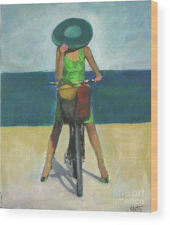 Bicycle Wood Print featuring the painting With Bike on the Beach by Vesna Antic