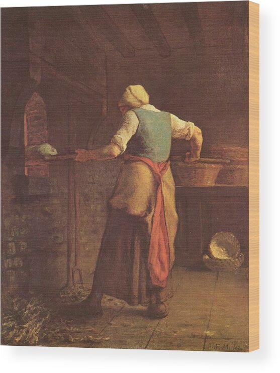 Woman Baking Bread - Jean-francois Millet Wood Print featuring the painting Woman baking bread by MotionAge Designs