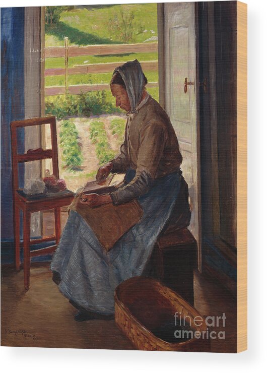 Sven Jørgensen Wood Print featuring the painting Woman carding by O Vaering by Sven Joergensen