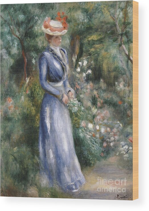 Impressionist; Impressionism; Portrait; Female; Full Length; Woman Wood Print featuring the painting Woman in a Blue Dress Standing in the Garden at Saint-Cloud by Pierre Auguste Renoir