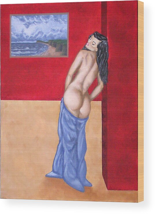 Nude Wood Print featuring the painting Woman in blue robe by Adam Johnson