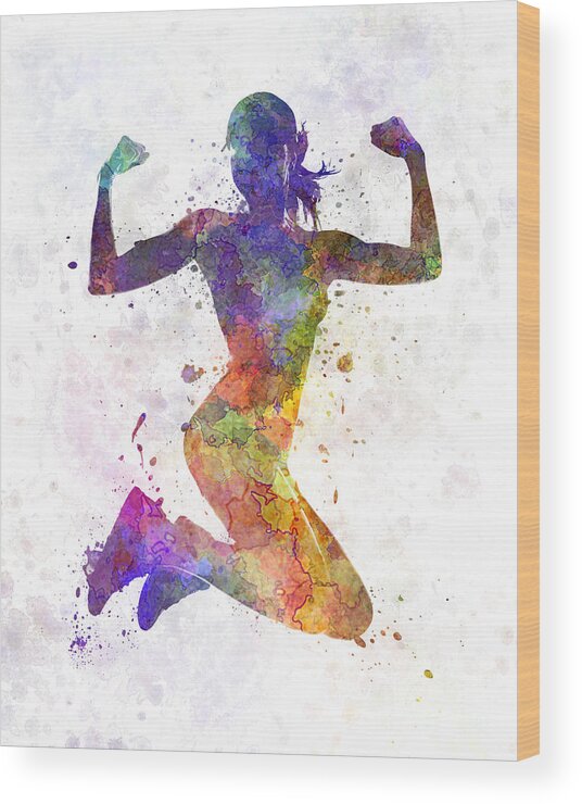 Athleticism Wood Print featuring the painting Woman runner jogger jumping powerful by Pablo Romero