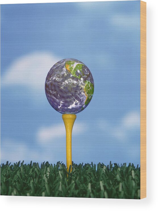 Golf; Ball; Sport; Sports; Grass; Green; World; Earth; Environment; Environmental; Nature; Global; Golf Ball; Tee; Golf Tee Wood Print featuring the photograph World Teed Up by Gerard Fritz